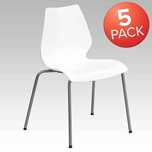 Flash Furniture 5 Pack HERCULES Series 770 lb. Capacity White Stack Chair with Lumbar Support and Silver Frame