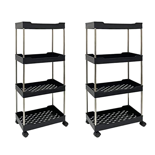 OHAHALICO 2 Pack 4 Tier Storage Cart, Bathroom Rolling Utility Cart Storage Organizer Slide Out Cart, Mobile Shelving Unit Organizer Trolley for Office Bathroom Kitchen Laundry Room, Black