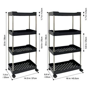 OHAHALICO 2 Pack 4 Tier Storage Cart, Bathroom Rolling Utility Cart Storage Organizer Slide Out Cart, Mobile Shelving Unit Organizer Trolley for Office Bathroom Kitchen Laundry Room, Black