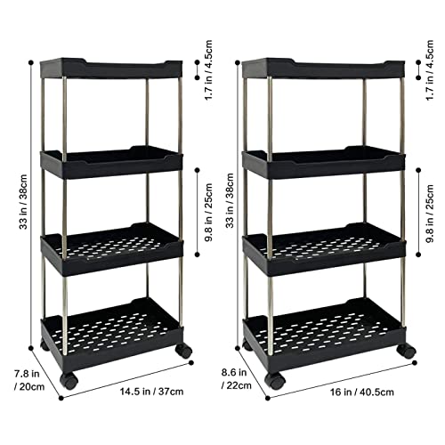 OHAHALICO 2 Pack 4 Tier Storage Cart, Bathroom Rolling Utility Cart Storage Organizer Slide Out Cart, Mobile Shelving Unit Organizer Trolley for Office Bathroom Kitchen Laundry Room, Black