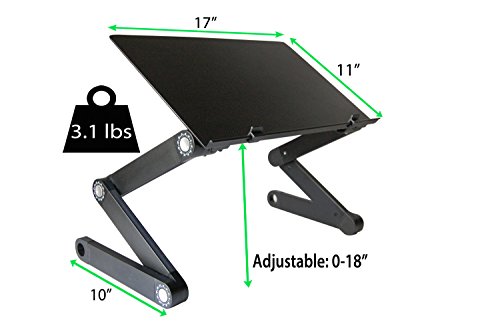 WorkEZ PROFESSIONAL Ergonomic Aluminum Laptop Cooling Stand Lap Desk Tray for Bed Couch. Foldable adjustable height angle tilt notebook computer riser folding desktop holder portable, Black