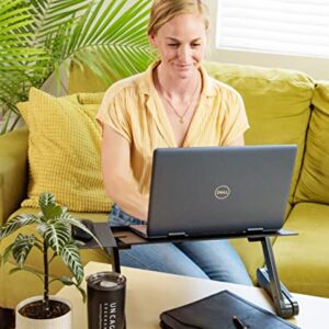 WorkEZ PROFESSIONAL Ergonomic Aluminum Laptop Cooling Stand Lap Desk Tray for Bed Couch. Foldable adjustable height angle tilt notebook computer riser folding desktop holder portable, Black