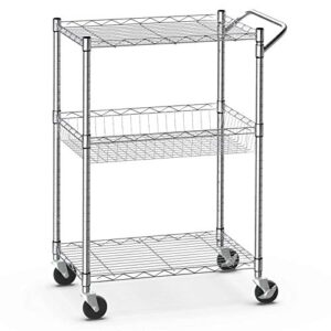 giantex 3-tier rolling utility cart, kitchen island cart on wheels, with handle bar, adjustable shelves, wire mesh microwave cart for utensils or tableware, commercial grade serving cart (silver)