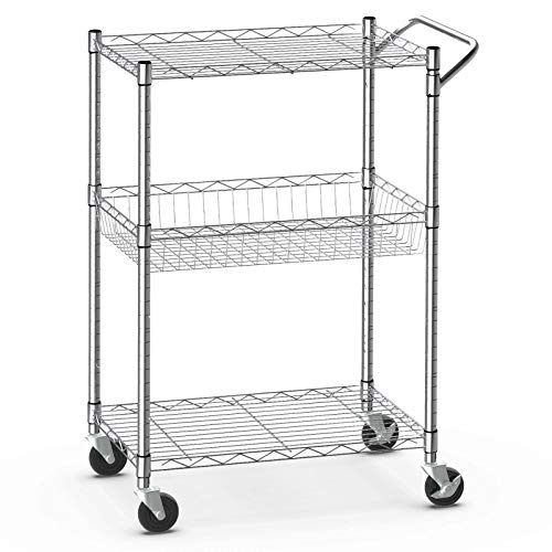 Giantex 3-Tier Rolling Utility Cart, Kitchen Island Cart on Wheels, with Handle Bar, Adjustable Shelves, Wire Mesh Microwave Cart for Utensils or Tableware, Commercial Grade Serving Cart (Silver)