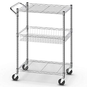 Giantex 3-Tier Rolling Utility Cart, Kitchen Island Cart on Wheels, with Handle Bar, Adjustable Shelves, Wire Mesh Microwave Cart for Utensils or Tableware, Commercial Grade Serving Cart (Silver)