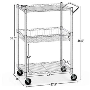 Giantex 3-Tier Rolling Utility Cart, Kitchen Island Cart on Wheels, with Handle Bar, Adjustable Shelves, Wire Mesh Microwave Cart for Utensils or Tableware, Commercial Grade Serving Cart (Silver)