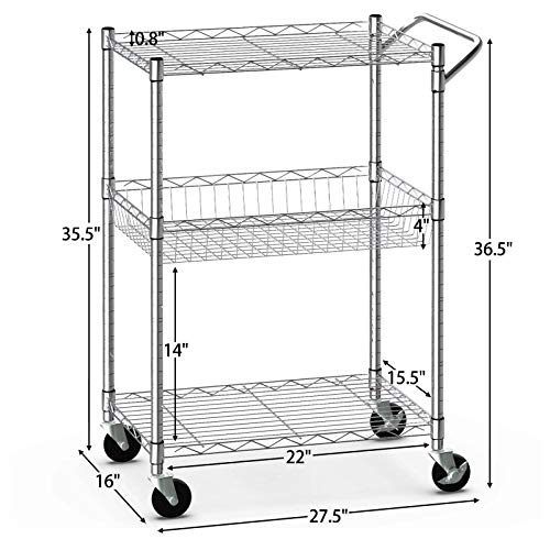 Giantex 3-Tier Rolling Utility Cart, Kitchen Island Cart on Wheels, with Handle Bar, Adjustable Shelves, Wire Mesh Microwave Cart for Utensils or Tableware, Commercial Grade Serving Cart (Silver)