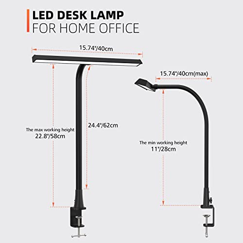 LED Desk Lamp, 10W Architect Desk Lamp with Clamp, 3 Color Modes 30 Brightness Levels, Flexible Gooseneck Lamp for Monitor, Workbench, 15.7" Wide 1000LM Bright Tall Desk Lamps for Home Office-Black