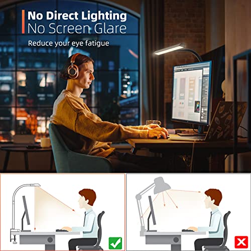 LED Desk Lamp, 10W Architect Desk Lamp with Clamp, 3 Color Modes 30 Brightness Levels, Flexible Gooseneck Lamp for Monitor, Workbench, 15.7" Wide 1000LM Bright Tall Desk Lamps for Home Office-Black