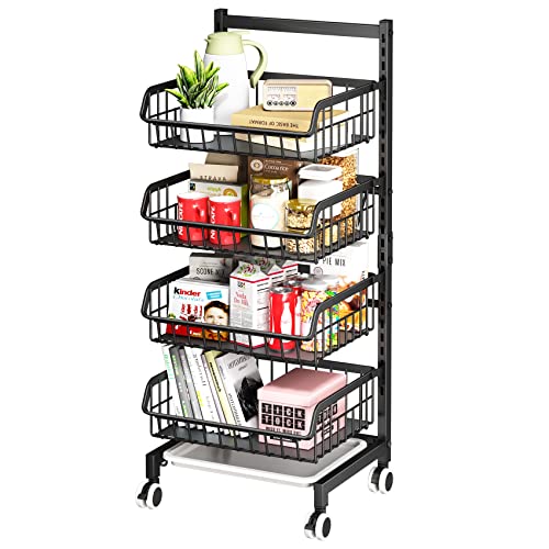 4 Tier Rolling Cart, Adjustable Metal Storage Utility Cart on Wheels for Office Kitchen Laundry Bathroom Bedroom, Black