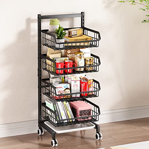 4 Tier Rolling Cart, Adjustable Metal Storage Utility Cart on Wheels for Office Kitchen Laundry Bathroom Bedroom, Black