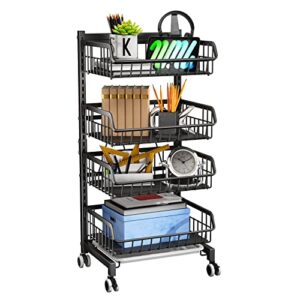 4 Tier Rolling Cart, Adjustable Metal Storage Utility Cart on Wheels for Office Kitchen Laundry Bathroom Bedroom, Black