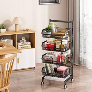 4 Tier Rolling Cart, Adjustable Metal Storage Utility Cart on Wheels for Office Kitchen Laundry Bathroom Bedroom, Black