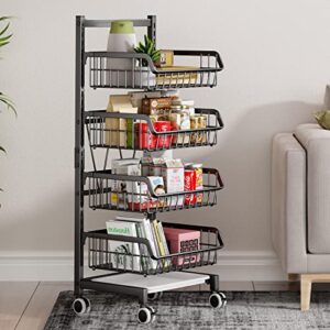 4 Tier Rolling Cart, Adjustable Metal Storage Utility Cart on Wheels for Office Kitchen Laundry Bathroom Bedroom, Black