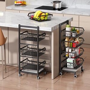 4 Tier Rolling Cart, Adjustable Metal Storage Utility Cart on Wheels for Office Kitchen Laundry Bathroom Bedroom, Black