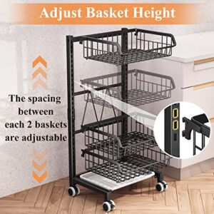 4 Tier Rolling Cart, Adjustable Metal Storage Utility Cart on Wheels for Office Kitchen Laundry Bathroom Bedroom, Black