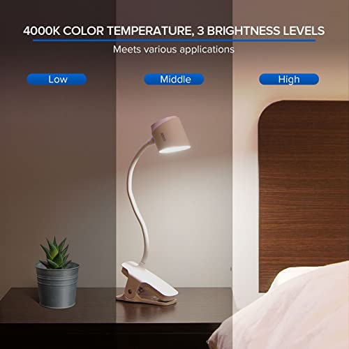 SANSI Clip on Reading Lights, LED Desk Lamp with Flexible Gooseneck, 3 Brightness Level, Clamp Light with Touch Control for Dorm Study Office Bedroom, USB Rechargeable, Eye-Caring, and Energy Saving