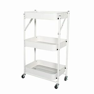 ruishetop foldable 3-tier metal utility rolling cart with wheels, easy assembly folding mobile multi-function storage organizer cart for home office kitchen outdoor (white)
