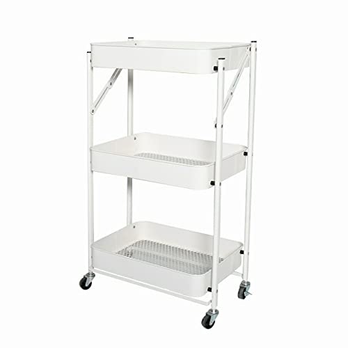 Ruishetop Foldable 3-Tier Metal Utility Rolling Cart with Wheels, Easy Assembly Folding Mobile Multi-Function Storage Organizer Cart for Home Office Kitchen Outdoor (White)