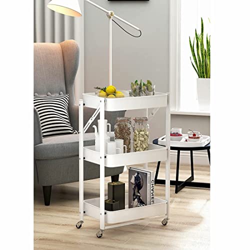 Ruishetop Foldable 3-Tier Metal Utility Rolling Cart with Wheels, Easy Assembly Folding Mobile Multi-Function Storage Organizer Cart for Home Office Kitchen Outdoor (White)