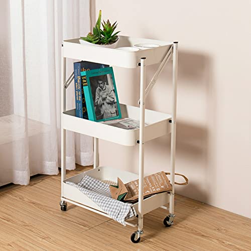Ruishetop Foldable 3-Tier Metal Utility Rolling Cart with Wheels, Easy Assembly Folding Mobile Multi-Function Storage Organizer Cart for Home Office Kitchen Outdoor (White)