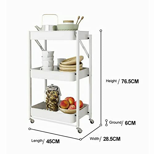 Ruishetop Foldable 3-Tier Metal Utility Rolling Cart with Wheels, Easy Assembly Folding Mobile Multi-Function Storage Organizer Cart for Home Office Kitchen Outdoor (White)