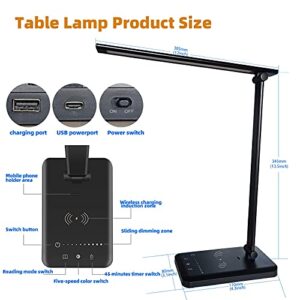 LED Desk Lamp with Wireless Charger, USB Charging Port, Table Lamp with 5 Lighting Modes & 10 Brightness Levels, Touch Control, Auto Timer, Dimmable Desk Light for Home Office (Black)