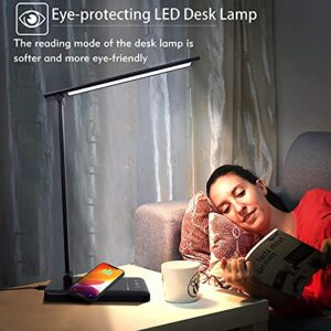 LED Desk Lamp with Wireless Charger, USB Charging Port, Table Lamp with 5 Lighting Modes & 10 Brightness Levels, Touch Control, Auto Timer, Dimmable Desk Light for Home Office (Black)