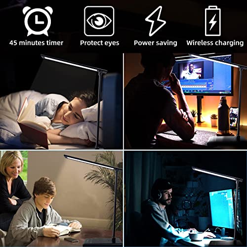 LED Desk Lamp with Wireless Charger, USB Charging Port, Table Lamp with 5 Lighting Modes & 10 Brightness Levels, Touch Control, Auto Timer, Dimmable Desk Light for Home Office (Black)