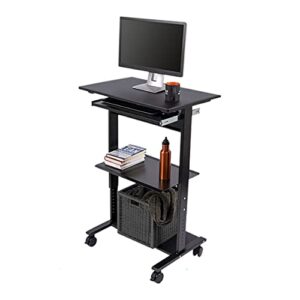 stand up desk store mobile rolling adjustable height standing workstation with printer shelf and slideout keyboard tray (black frame/black top, 30″ wide)