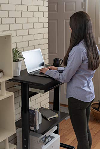 Stand Up Desk Store Mobile Rolling Adjustable Height Standing Workstation with Printer Shelf and Slideout Keyboard Tray (Black Frame/Black Top, 30" Wide)