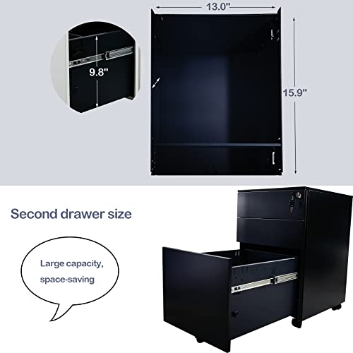 Sanoolir Locking File Cabinet 3 Drawer, Mobile File Cabinet on Wheels Under Desk fits Legal/Letter/A4 Size for Home/Office (Black)