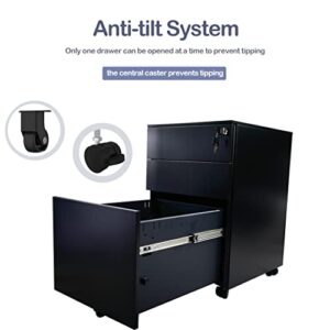 Sanoolir Locking File Cabinet 3 Drawer, Mobile File Cabinet on Wheels Under Desk fits Legal/Letter/A4 Size for Home/Office (Black)