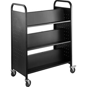 bestequip book cart, 200lbs library cart, 49.2”x35.4”x18.9” rolling book cart, double sided w-shaped sloped shelves with lockable wheels for home shelves office school book truck black
