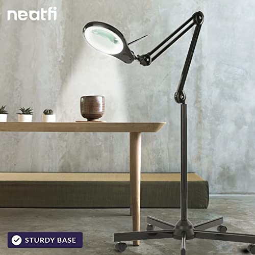 (New Model) Neatfi Bifocals 1,200 Lumens Super LED Magnifying Floor Lamp with Adjustable Arm and 5 Wheels Rolling Base, Dual 5/20 Diopter, Dimmable, 5 Inches Diameter Lens (Black)