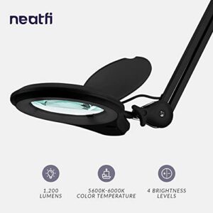 (New Model) Neatfi Bifocals 1,200 Lumens Super LED Magnifying Floor Lamp with Adjustable Arm and 5 Wheels Rolling Base, Dual 5/20 Diopter, Dimmable, 5 Inches Diameter Lens (Black)