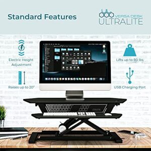 VERSADESK UltraLite Standing Desk Converter, Electric Height-Adjustable Desk Riser, Sit to Stand Desktop with Keyboard and USB Port, 36 x 24 Inches, Black