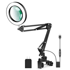 brison magnifying desk lamp with clamp, 3 adjustable light, 10 brightness 8x magnifier lamps for reading/office/soldering/crafts, swing arms led desk lamp with sleep timer function