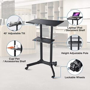 Yescom Mobile Podium Portable Rolling Lecterns Standing Laptop Cart Desk with Storage Tray Height Adjustable Classroom Home Office