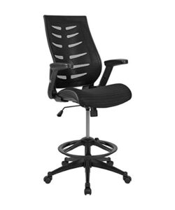 flash furniture high back black mesh spine-back ergonomic drafting chair with adjustable foot ring and adjustable flip-up arms