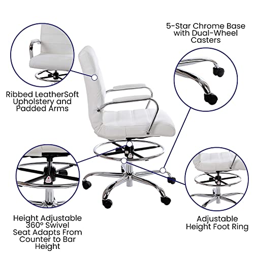 Flash Furniture Adjustable Height Drafting Chair - Contemporary Mid-Back White LeatherSoft Drafting Stool Chair - Adjustable Foot Ring & Chrome Base