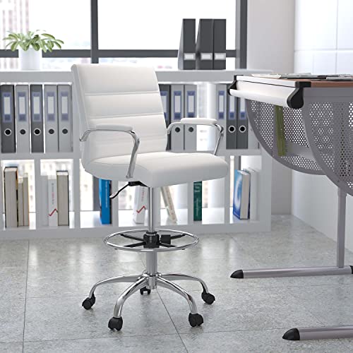 Flash Furniture Adjustable Height Drafting Chair - Contemporary Mid-Back White LeatherSoft Drafting Stool Chair - Adjustable Foot Ring & Chrome Base