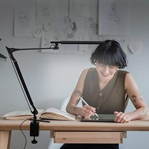 amzrozky swing arm drafting table lamp with clamp,led desk lamps for home office, eye-caring dimmable workbench architect task lamp, tiltable led panel head,touch control,memory function,black