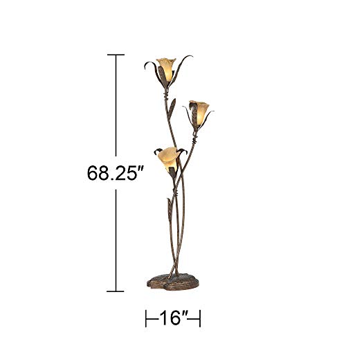 Franklin Iron Works Rustic Farmhouse Sculptural Floor Lamp Standing 68 1/4" Tall Bronze Gold 3-Light Amber Glass Intertwined Lily Flower Shade for Living Room Reading Bedroom Office House Home