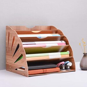 File Folder Holder Wood Organizer 5 Compartment, File Sorter Wood Buckle Design Desktop Fan-Shaped Mail Letter Document Magazine File Assembly Divider DIY Office Tabletop Storage Box (Brown)