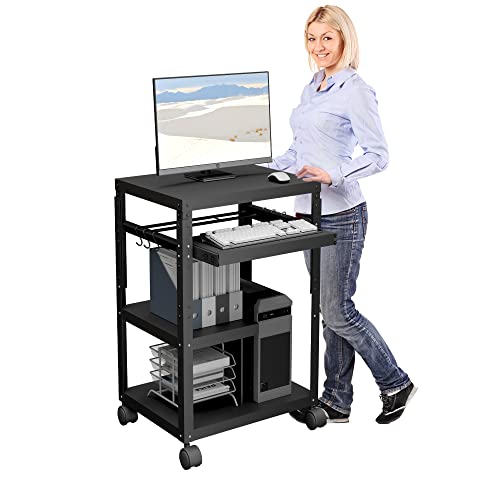 tonchean AV Presentation Cart with Keyboard Tray, Heavy Duty Mobile Workstation Presentation Cart for Video Projector, Laptop Computer, Media Cart for School Classroom Office（Black）