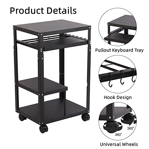 tonchean AV Presentation Cart with Keyboard Tray, Heavy Duty Mobile Workstation Presentation Cart for Video Projector, Laptop Computer, Media Cart for School Classroom Office（Black）