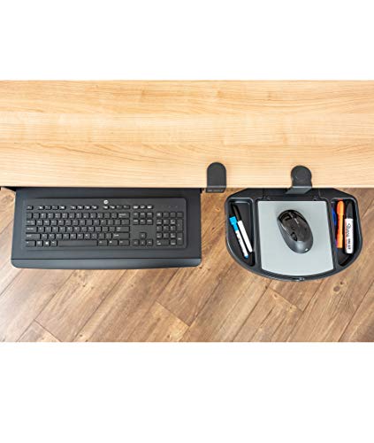Stand Up Desk Store Clamp On 360 Degrees Swivel Out Mouse Tray with Storage for Desks and Tables Up to 1.5" Thick