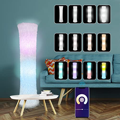 Floor Lamp with Two LED Bulbs, RGB Full Color Changing, Music Sync, Fabric Shade with Faux Feather Tassels Finish