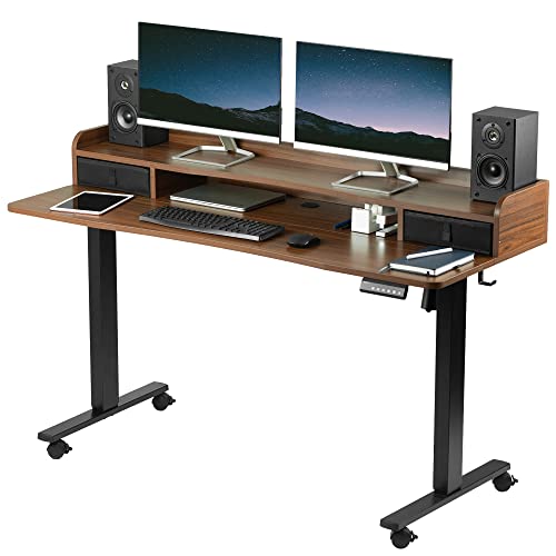 VIVO Electric 2-Tier Height Adjustable 60 x 24 inch Stand Up Desk, Mobile Table with Storage Drawers, Standing Workstation with Memory Controller, Casters, Dark Walnut Top, Black Frame, DESK-E-Y60SD